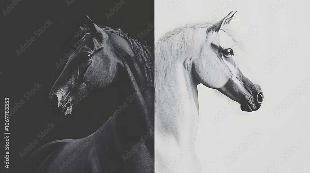 Obraz premium striking contrast of black horse and white horse, showcasing their majestic profiles against minimalist background. image captures beauty and elegance of these magnificent animals