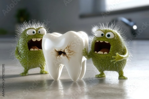 Tooth defense: imaginary monsters confronting healthy tooth, showcasing threat of caries while emphasizing critical need for regular dental care, vital role of cleanliness in preserving oral health. photo