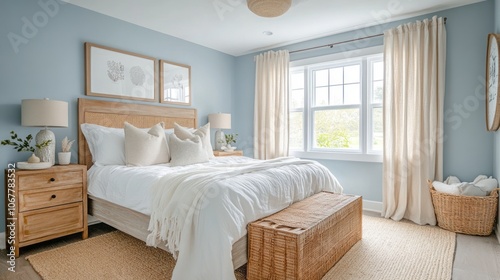 A Coastal-Inspired Bedroom with White Bedding and a Woven Rug