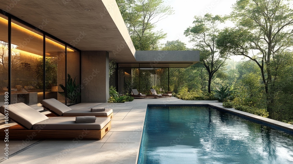 Fototapeta premium Modern Poolside Retreat in Forest Setting. Generative AI