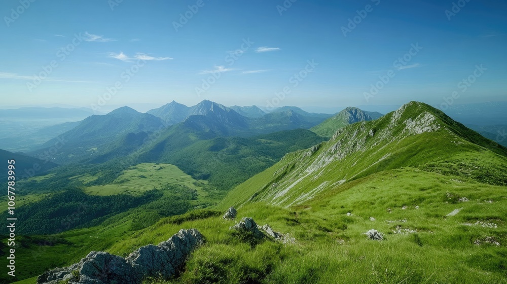 Obraz premium Rolling green hills and mountains stretch out as far as the eye can see on a bright, sunny day.