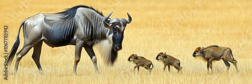 Mother Wildebeest With Her Three Calves In The Savanna, Kenya., Maasai Mara National Reserve