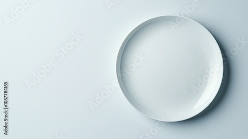 Pristine white ceramic plate floating on a clean white background, top-down view, sharp edges, minimal shadow, high contrast lighting