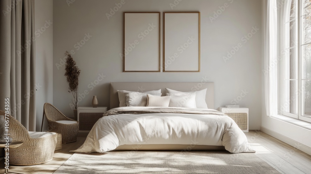 Minimalist Bedroom with White Bed, Two Gold Frames, and Natural Light Minimalist Bedroom with White Bed, Two Gold Frames, and Natural Light