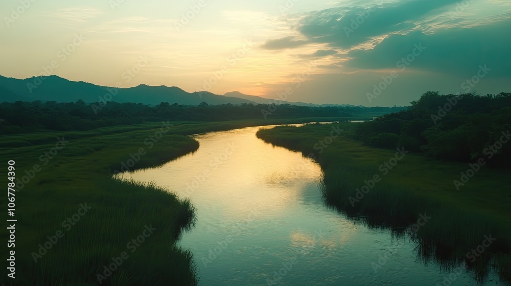 Serene river winding through lush green fields at sunset. Serene river winding through lush green fields at sunset.