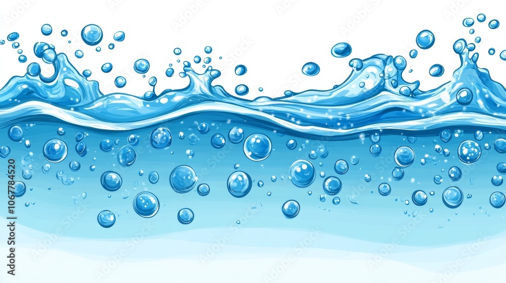 Vibrant Blue Water Surface With Waves, Splashes, And Air Bubbles, On Transparent Background. Vibrant Blue Water Surface With Waves, Splashes, And Air Bubbles, On Transparent Background.