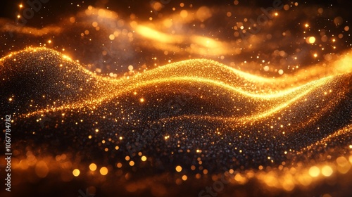 Abstract Golden Glitter Wave with Bokeh on Brown Background. Generative AI photo