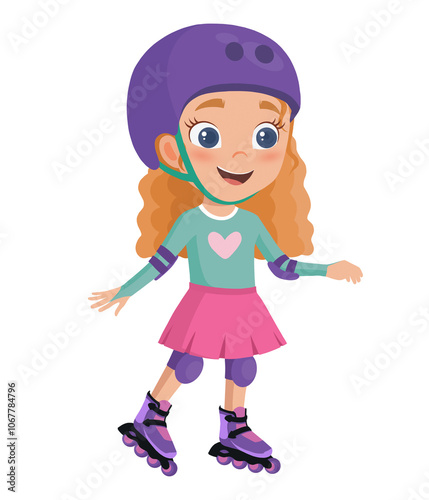 Cartoon girl character with curly hair on roller sksates isolated on white background.
 photo