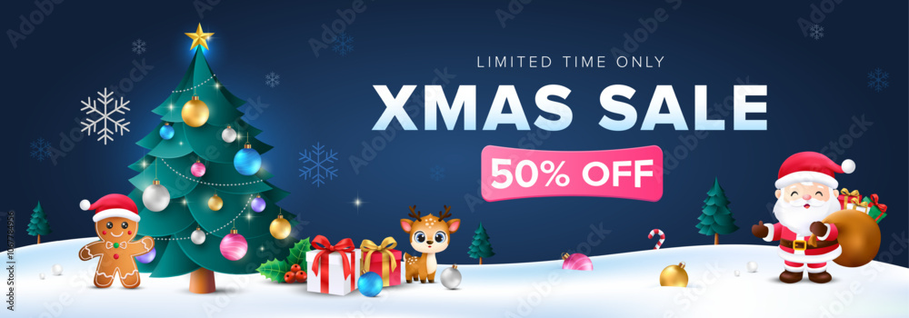 Naklejka premium 3d Christmas sale banner with glowing Christmas tree, Santa, reindeer, ginger bread and gifts in dark blue background. Vector template for greeting cards, promotional banner.