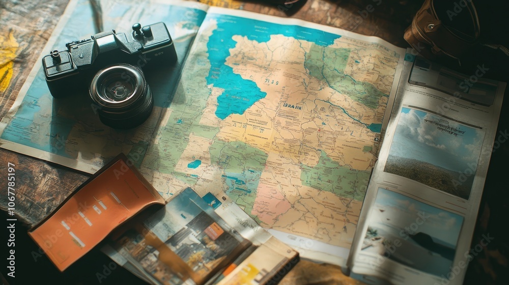 Fototapeta premium A vintage camera lays on top of a map, ready for an adventure.