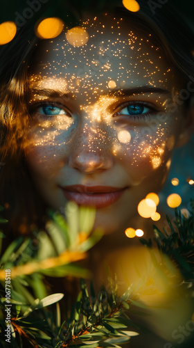 close up portrait of a woman with wild blue eyes and a feminine attitude, featuring a glow on her face and warm lights symbolizing femininity
