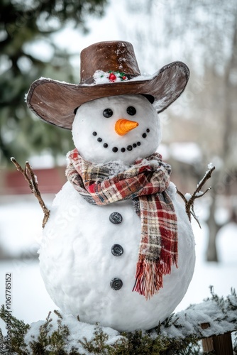 A happy snowman wearing a scarf and cowboy hat, standing proudly in a winter Christmas landscape.