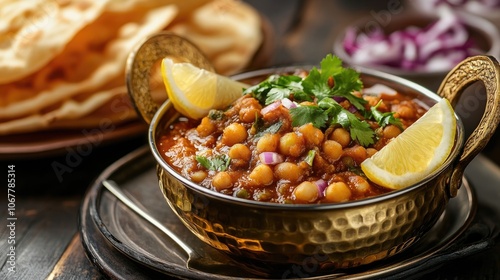 A close-up of a bowl of chickpea curry with lemon wedges and cilantro, garnished with red onion and a side of flatbread.