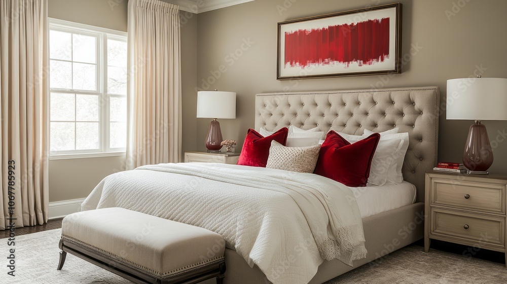 Obraz premium Elegant Beige Bedroom with Red Accent Pillows and Abstract Art