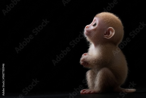 the beside view baby Potto primate standing, left side view, low angle, white copy space on right, Isolated on black Background photo