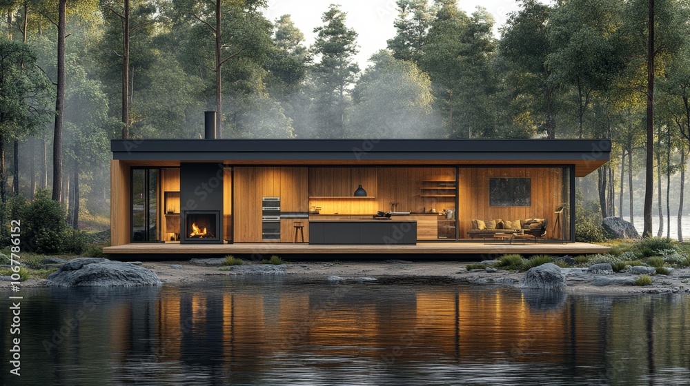 Obraz premium Modern Scandinavian Lakeside Kitchen Interior. Generative AI