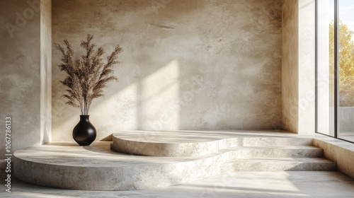 Minimalist Podium Display with Black Vase and Dried Flowers. Generative AI