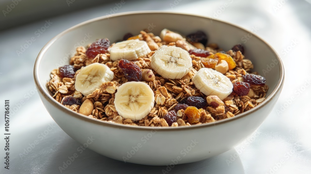 A delicious bowl of granola with slices of banana, dried fruits, and nuts is set on a table next to a spoon A delicious bowl of granola with slices of banana, dried fruits, and nuts is set on a table next to a spoon