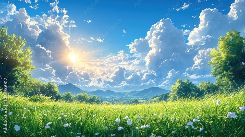 Fototapeta premium Vast Green Grass Meadow Under a Bright Blue Sky with Sparse Clouds