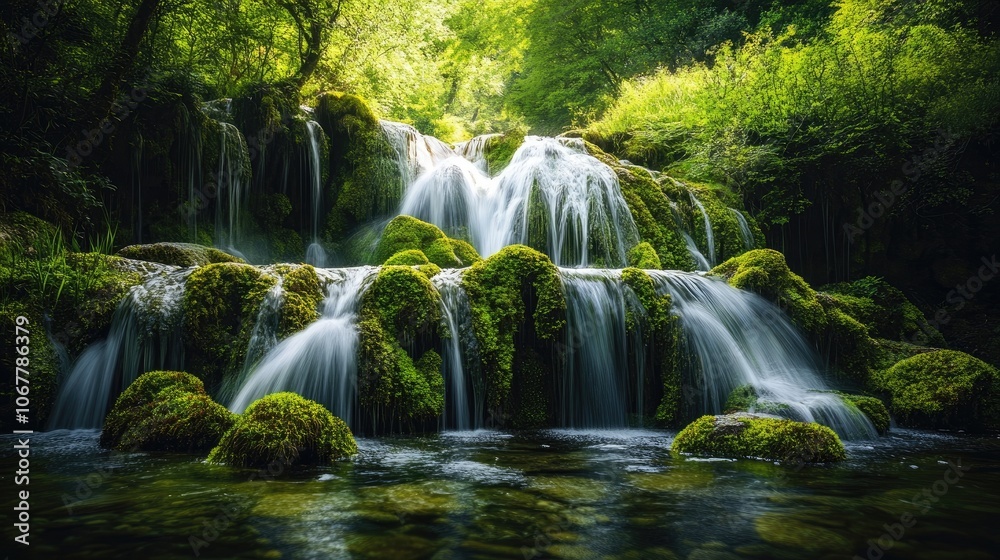 A cascading waterfall surrounded by lush greenery in a serene forest setting. A cascading waterfall surrounded by lush greenery in a serene forest setting.