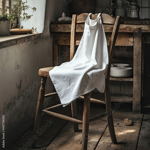 A photo of an apron mockup hanging on a kitchen hook with natural light highlighting subtle patterns. The scene evokes a homey and welcoming aesthetic. photo