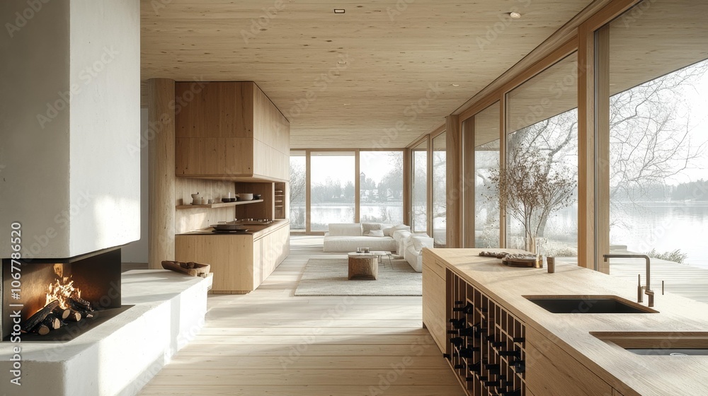 Fototapeta premium Scandinavian-Style Wooden Kitchen with Lake View. Generative AI