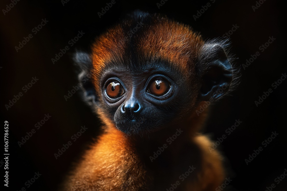 Naklejka premium Mystic portrait of baby Sifaka primate in studio, copy space on right side, Headshot, Close-up View, isolated on black background