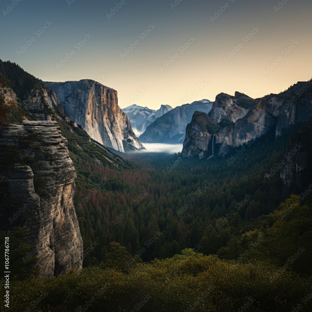 Mystic rock formations emerging from a dense fog in a mountain valley Mystic rock formations emerging from a dense fog in a mountain valley