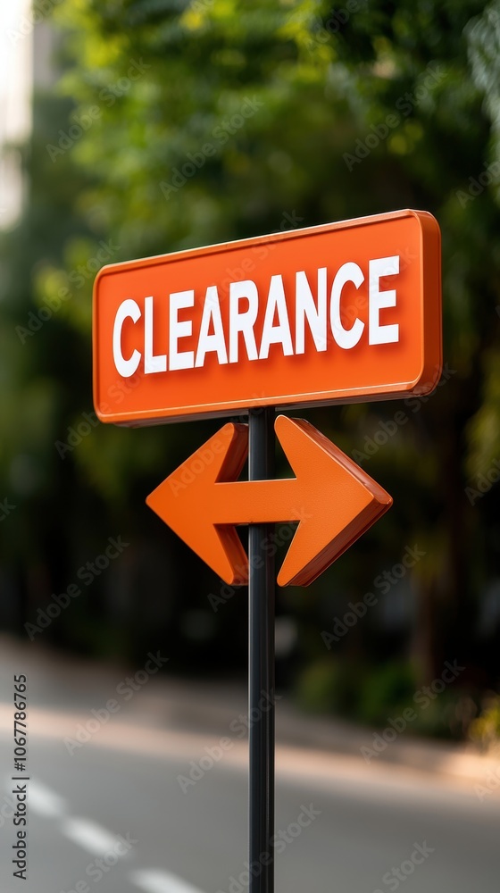 A vibrant orange clearance sign with arrows indicating direction, set against a blurred background of trees and a roadway. A vibrant orange clearance sign with arrows indicating direction, set against a blurred background of trees and a roadway.
