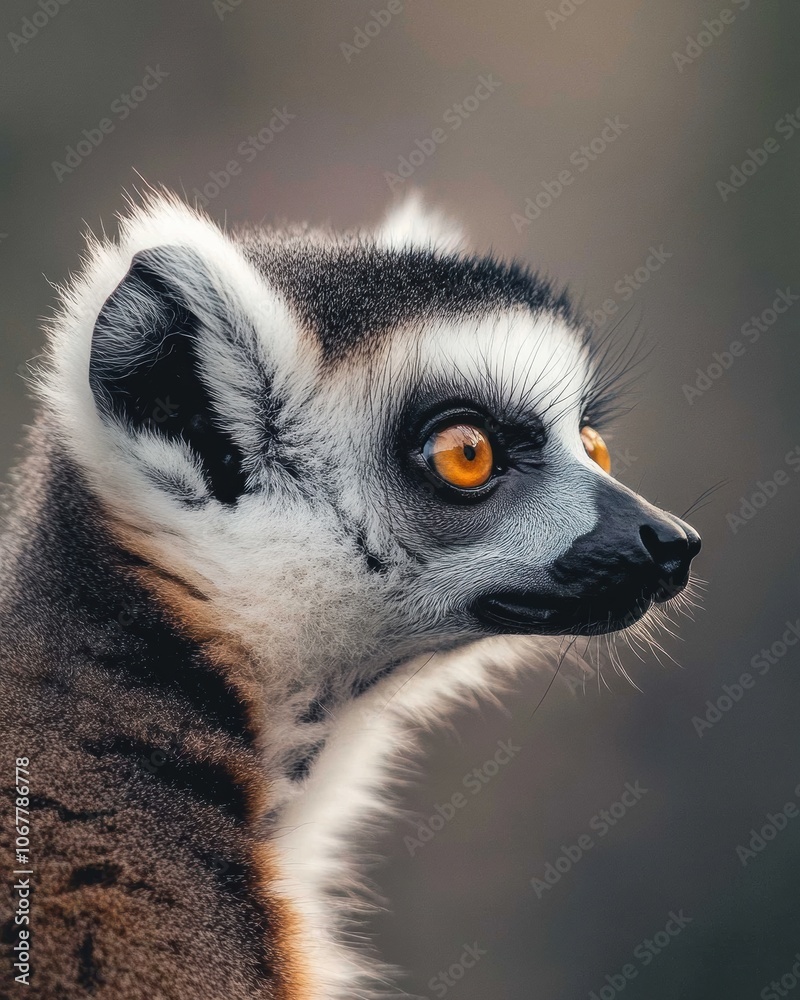 Naklejka premium Mystic portrait of baby Lemur primate, copy space on right side, Headshot, Close-up View, isolated on white background