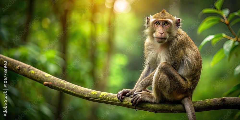 Long-tailed macaque sitting on a tree branch in a lush forest habitat, wildlife, primate, jungle, tropical, mammal, nature Long-tailed macaque sitting on a tree branch in a lush forest habitat, wildlife, primate, jungle, tropical, mammal, nature