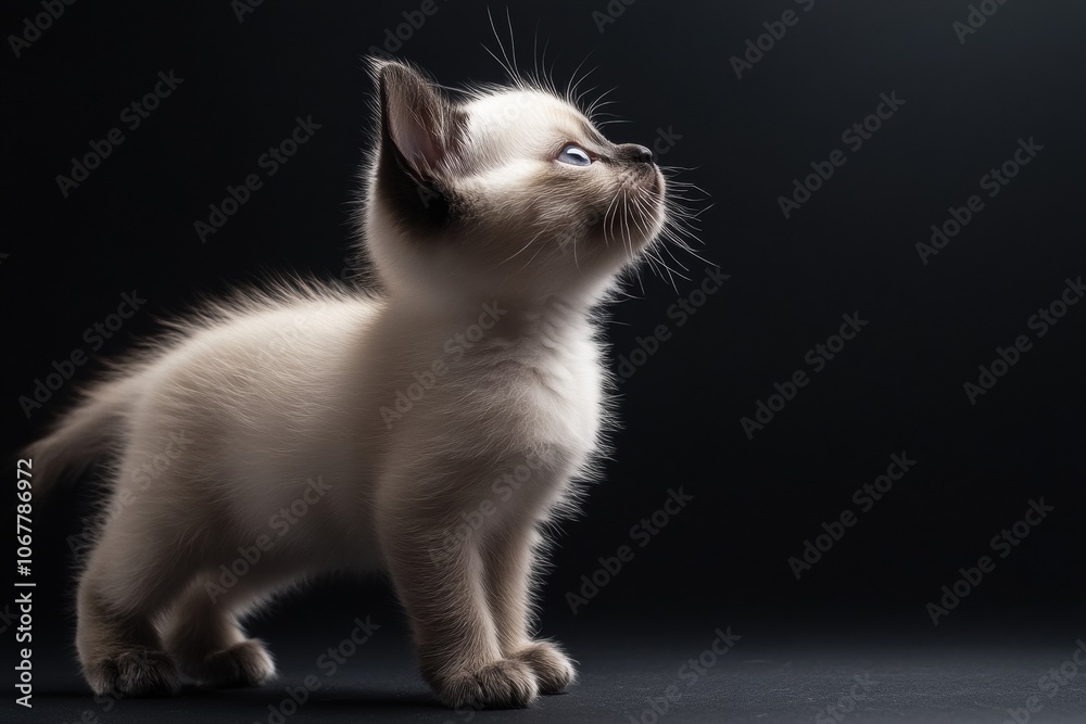 Obraz premium the beside view baby Birman cat standing, left side view, low angle, white copy space on right, Isolated on black Background