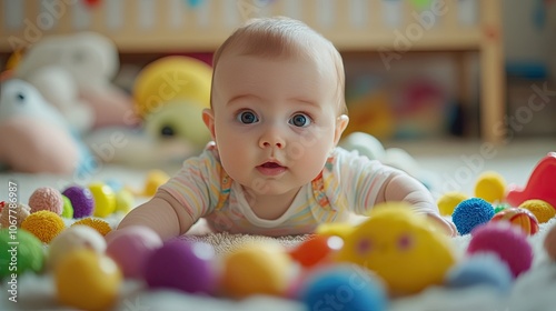 A baby girl, surrounded by colorful toys, looks up with a curious expression.