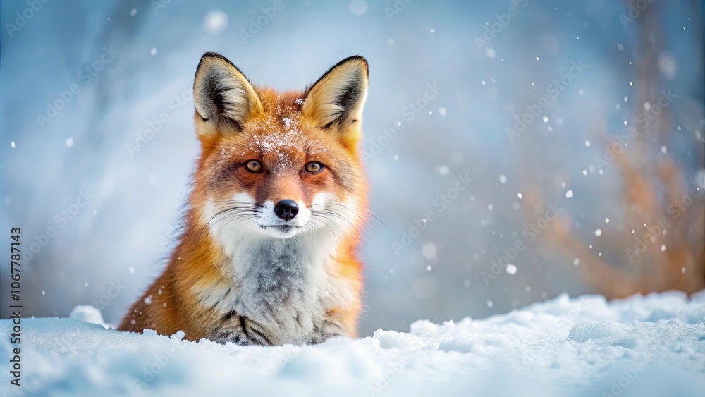 Fototapeta premium Cute fox covered in snow , winter, animal, wildlife, fluffy, white, cold, nature, snowfall, adorable, furry, wild