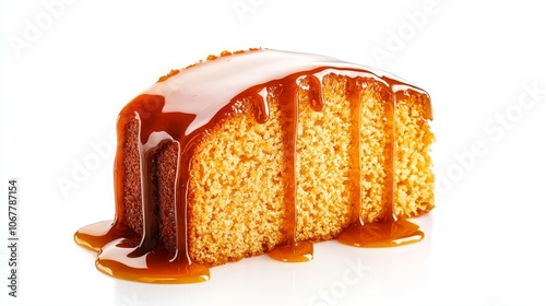 Macro shot of rum cake slice, soaked in rum, rich and moist texture, golden-brown surface, isolated on white, perfect for Christmas dessert ads, festive appeal photo