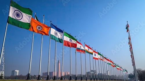 A line of flags representing various countries wave in the wind against a clear blue sky.