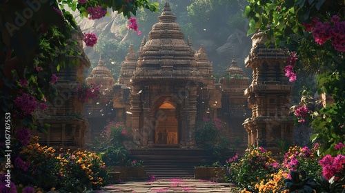 A mystical temple with ornate stone carvings, surrounded by lush greenery and vibrant blossoms.