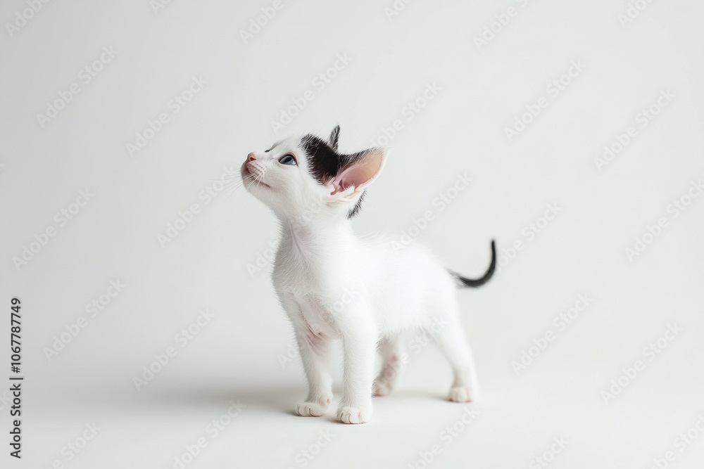 the beside view baby Cornish Rex cat standing, left side view, low angle, white copy space on right, Isolated on White Background the beside view baby Cornish Rex cat standing, left side view, low angle, white copy space on right, Isolated on White Background