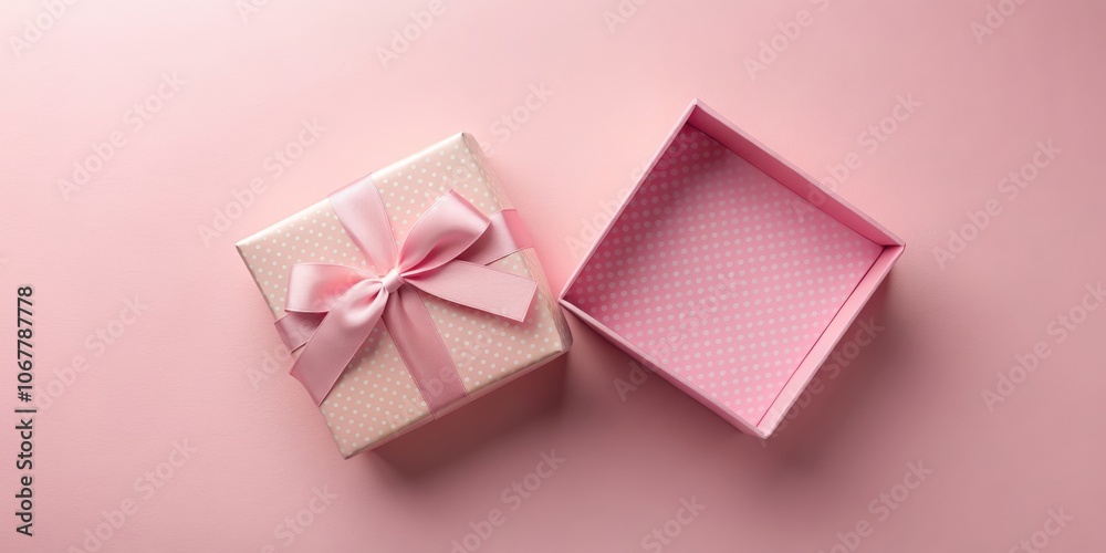Top view of an opened pink pastel gift box tied with ribbon and bow on light pink background with shadow , Present, box, gift