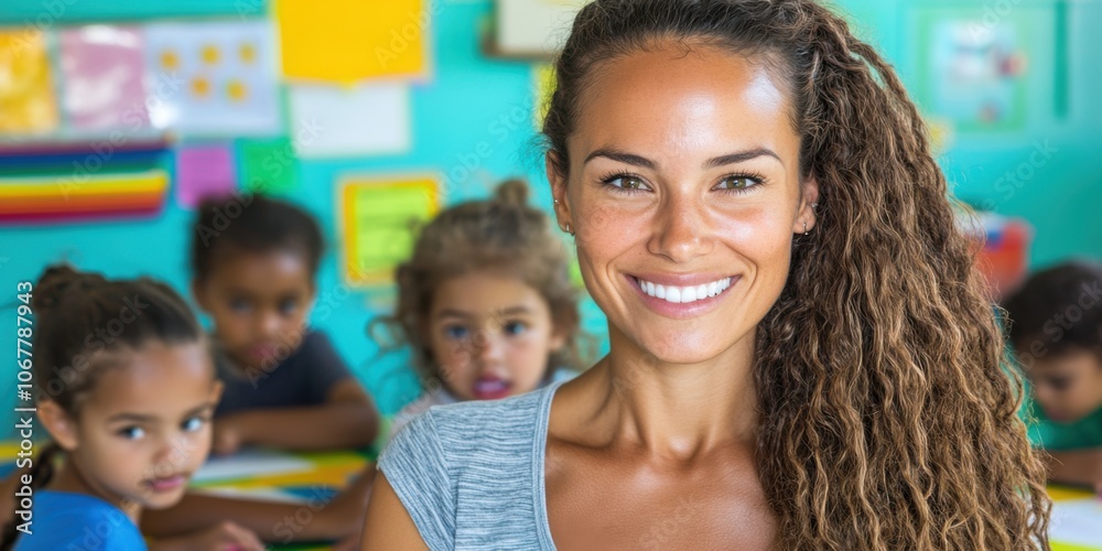 Obraz premium A smiling woman with curly hair in a colorful classroom setting, surrounded by young children engaged in activities.
