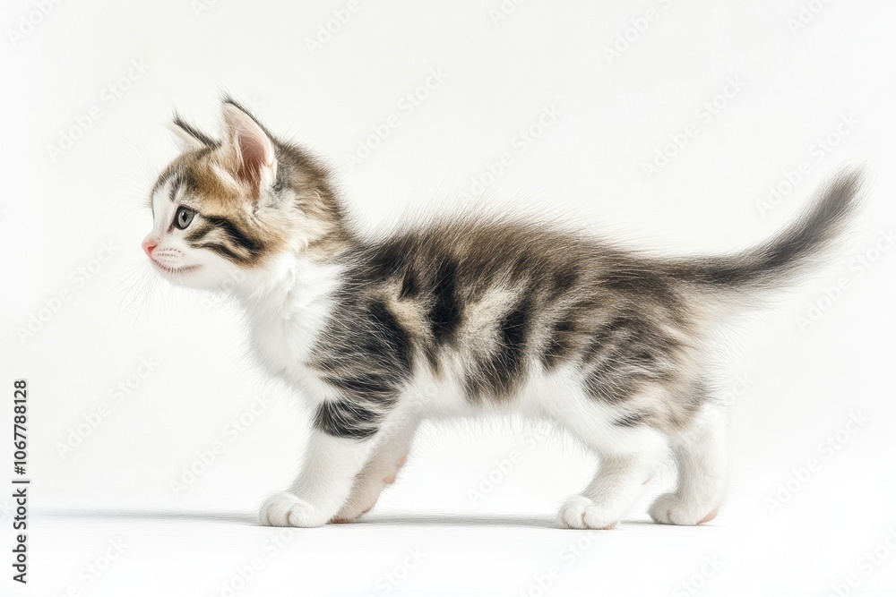 the beside view baby Norwegian Forest cat standing, left side view, low angle, white copy space on right, Isolated on White Background the beside view baby Norwegian Forest cat standing, left side view, low angle, white copy space on right, Isolated on White Background