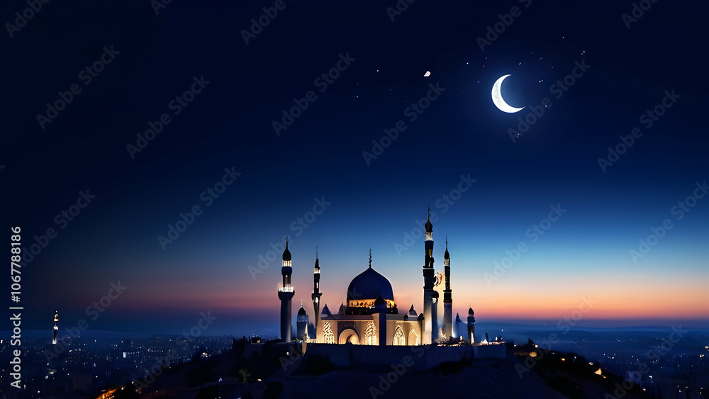 Mosques dome on dark blue twilight sky and crescent moon on background ...