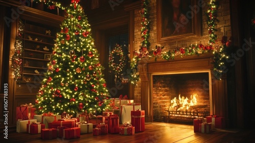 A beautifully decorated Christmas tree with presents and a crackling fireplace set the scene for a festive holiday gathering.