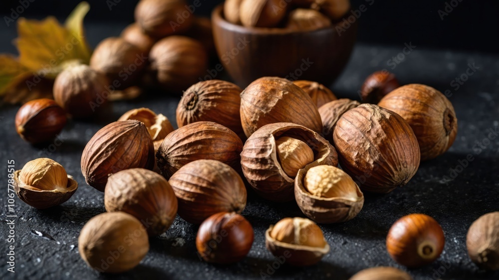 A collection of hazelnuts in their shells, some cracked open, on a dark surface. A collection of hazelnuts in their shells, some cracked open, on a dark surface.