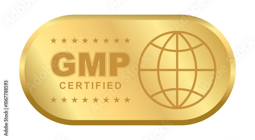 GMP Certified label, Good Manufacturing Practice Gold Rounded Rectangle shiny sticker Badge with stars and globe icon for Supplement, Quality Control, Medical Health Design Element Vector Illustration