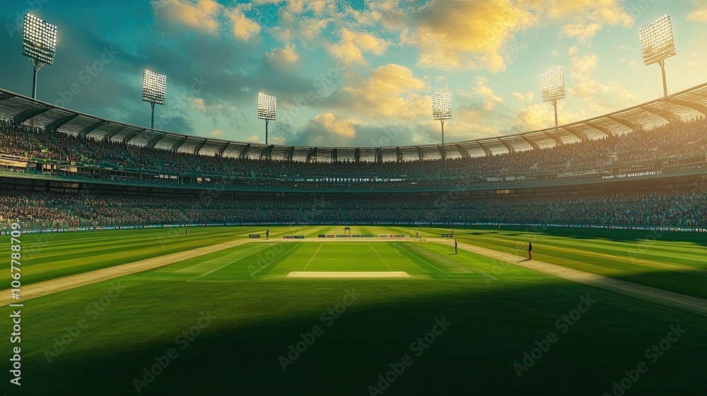 A view of a cricket stadium with the pitch in the foreground. A view of a cricket stadium with the pitch in the foreground.
