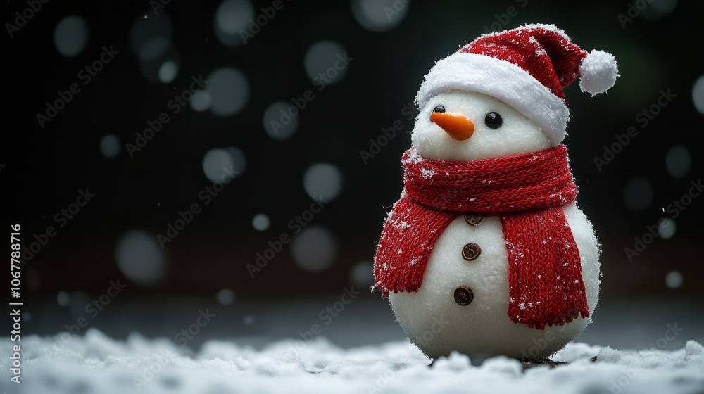 Cheerful snowman in a red scarf and Santa hat spreading winter holiday joy with a touch of humor in snowy scene Cheerful snowman in a red scarf and Santa hat spreading winter holiday joy with a touch of humor in snowy scene