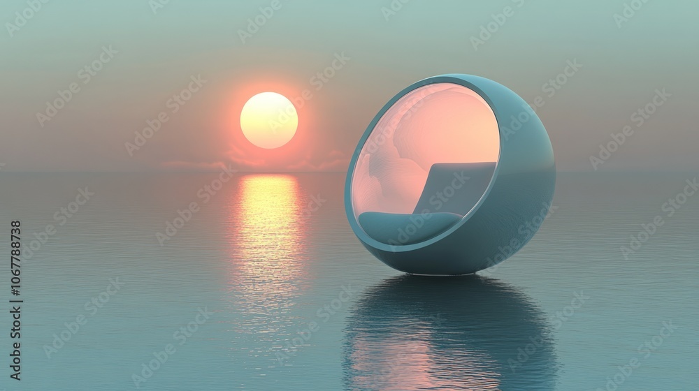 A white, round, futuristic chair floats on the water at sunset, reflecting on the surface. A white, round, futuristic chair floats on the water at sunset, reflecting on the surface.