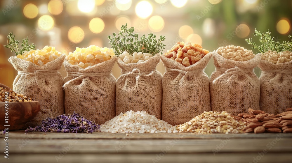 Colorful Spices and Herbs in Rustic Bags on Wooden Table