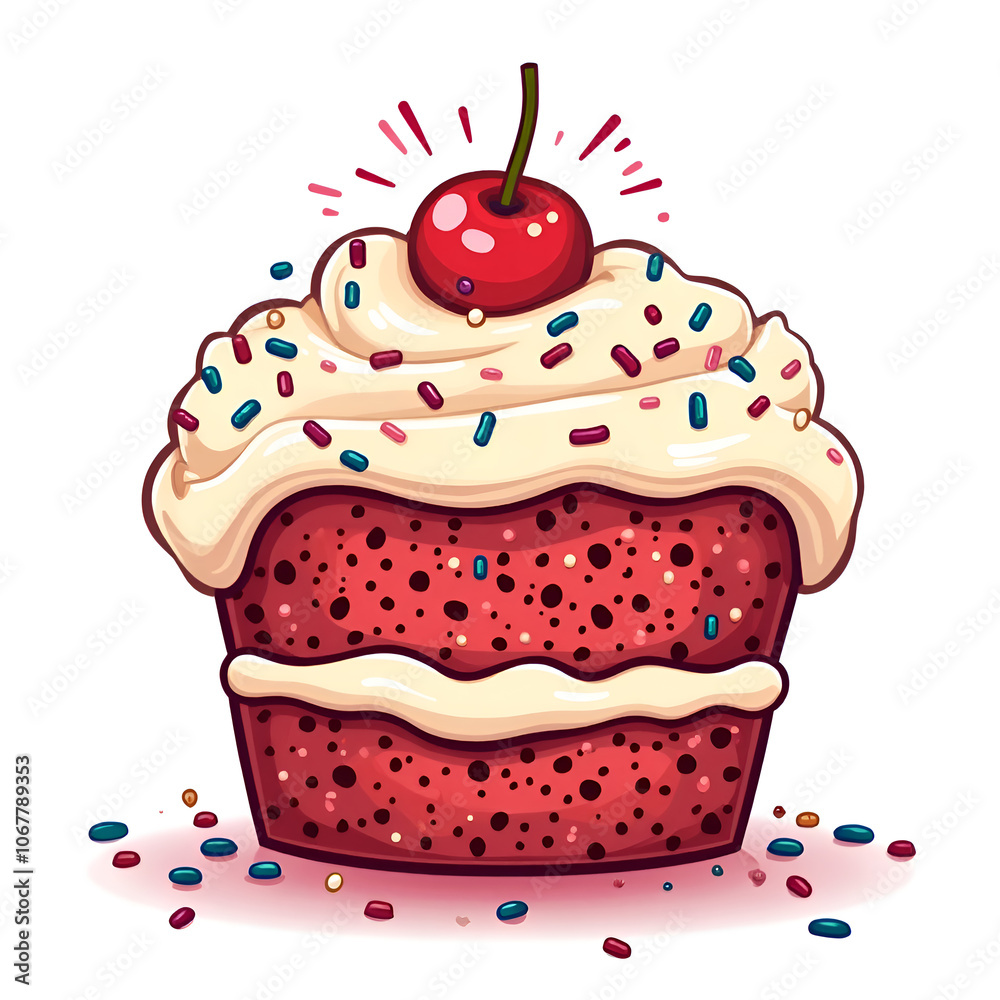 Indulge in this scrumptious cupcake topped with cherry and colorful sprinkles, digital illustration of food art concept. Indulge in this scrumptious cupcake topped with cherry and colorful sprinkles, digital illustration of food art concept.